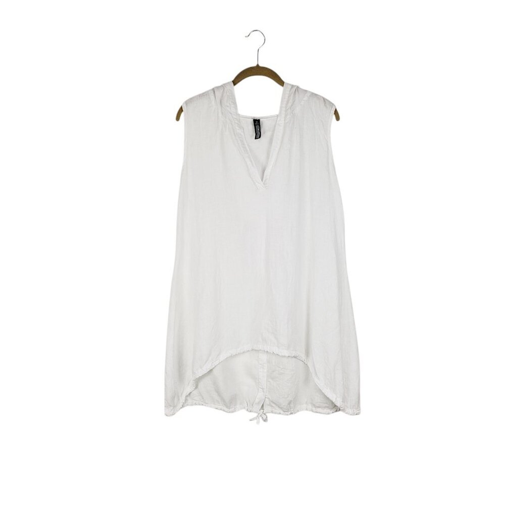Inizio Sleeveless Hoodie Tunic White Linen Sleeveless Button Back Top Size M